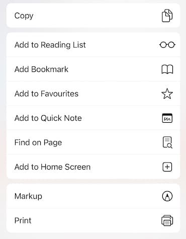 iPhone Safari Menu Options