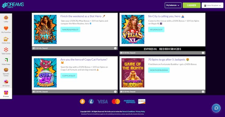 Dreams Casino 220% Bonus