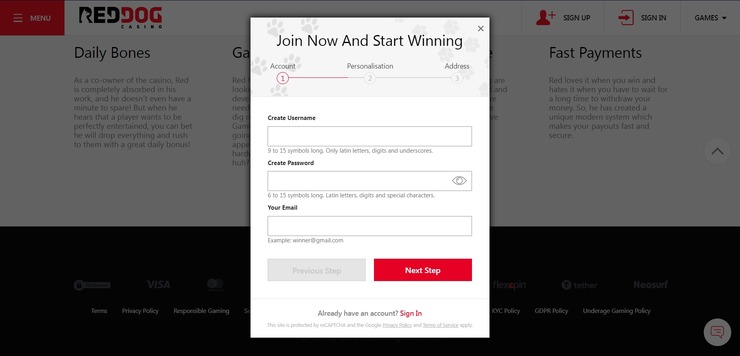 Sign up screen at Red Dog Casino