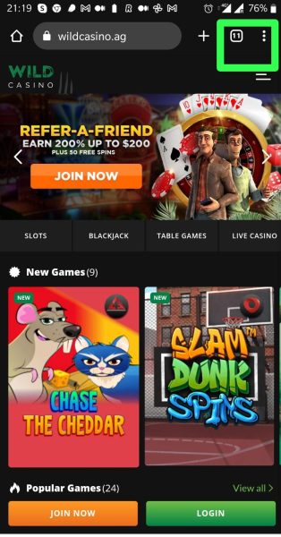 wild casino chrome open menu