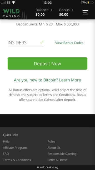 Wild Casino deposit screen