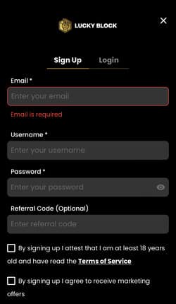 Sign up page at lucky block