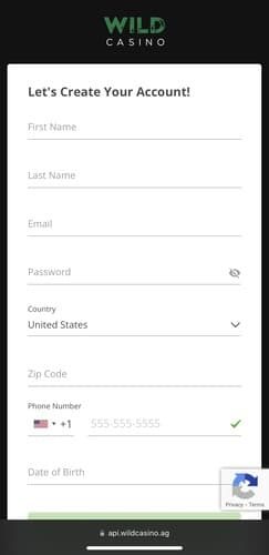 Wild Casino sign up screen