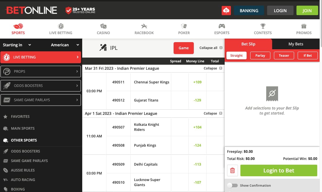 BetOnline IPL lines
