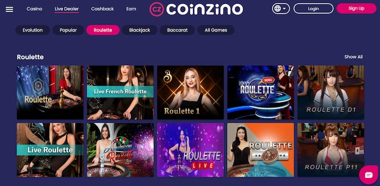 Coinzino Live roulette