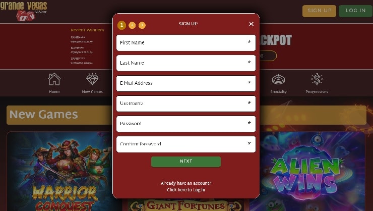 Grande Vegas sign up form