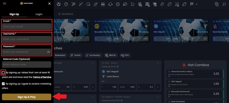 Lucky Block Sports Sign Up Form