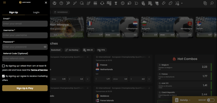 Register for an account on Lucky Block