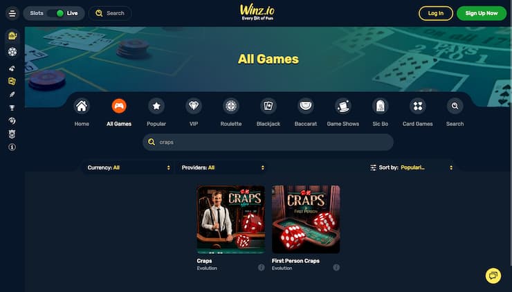 Winz Live Craps Casino