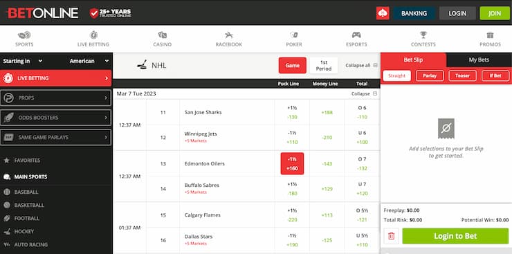 nhl betting at betonline