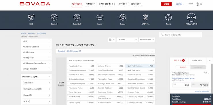 bovada betting odds world series