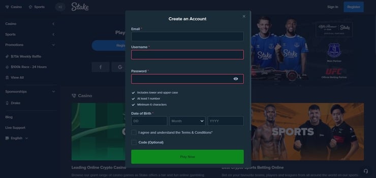 Sign up screen