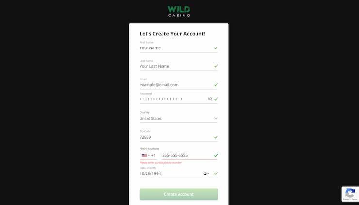Wild Casino Mastercard online casino registration step 2 