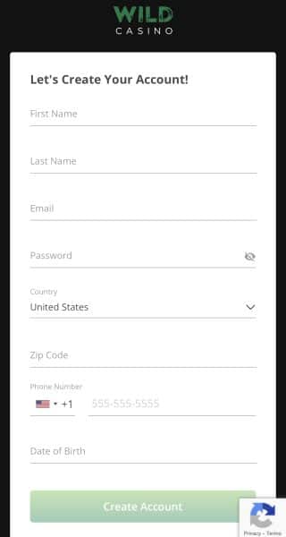 Wild Casino registration form - mobile 