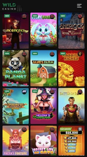 Wild casino mobile homepage