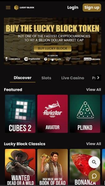 Lucky Block mobile homepage