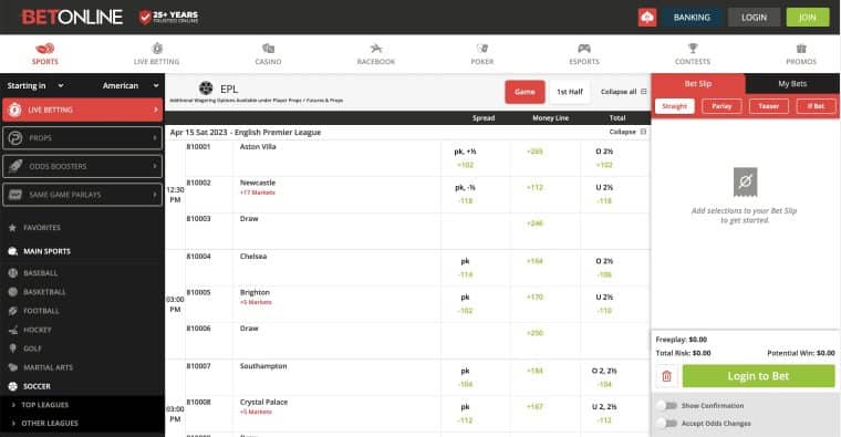 BetOnline soccer collections on the sportsbook