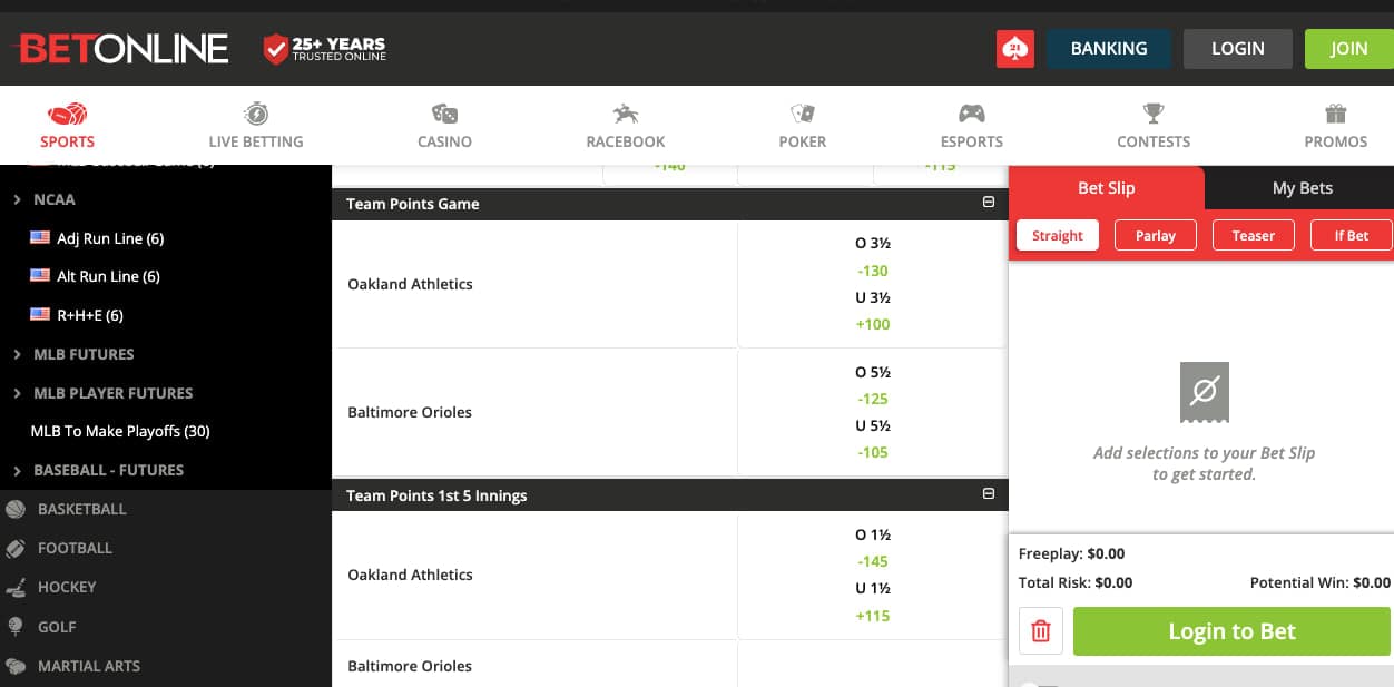 MLB team points BetOnline props
