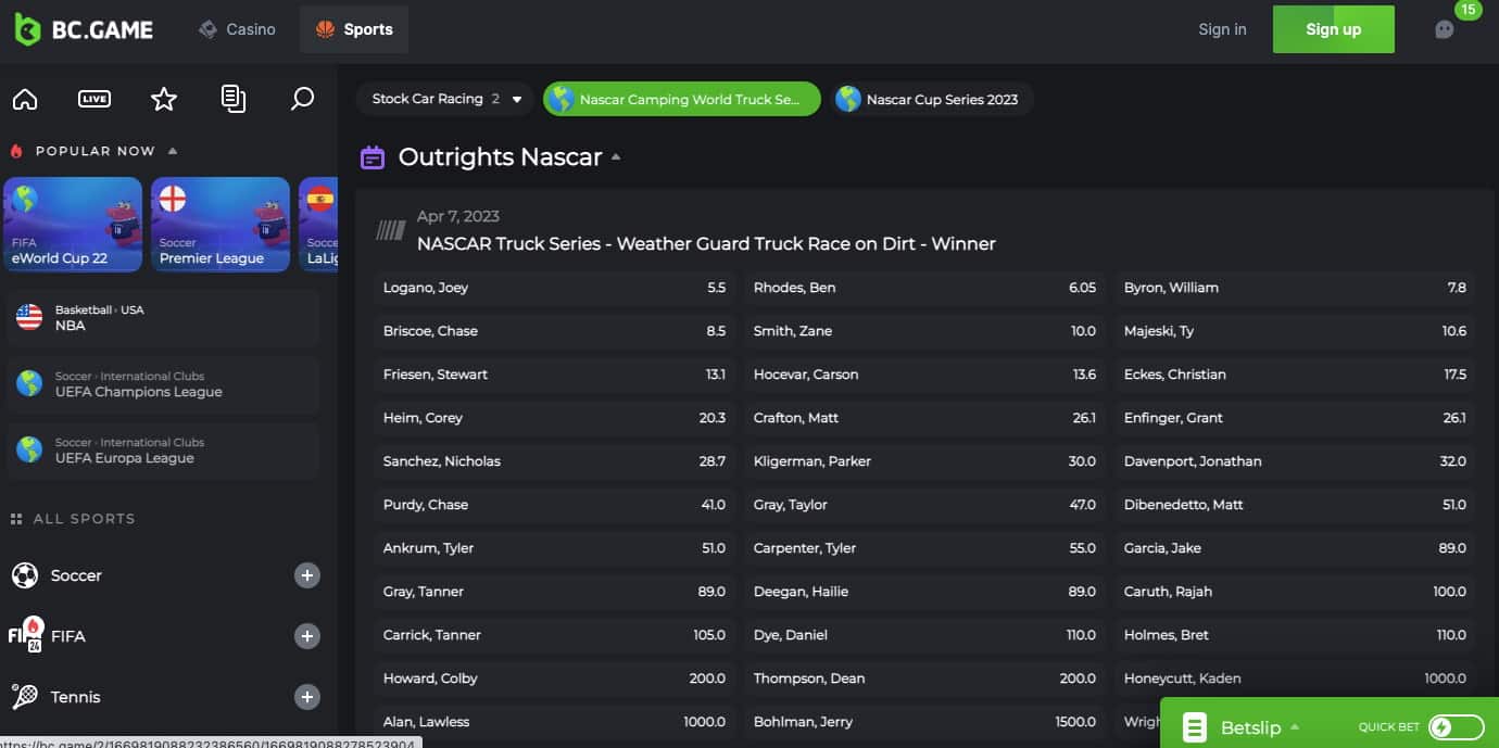 NASCAR betting lines BC Game