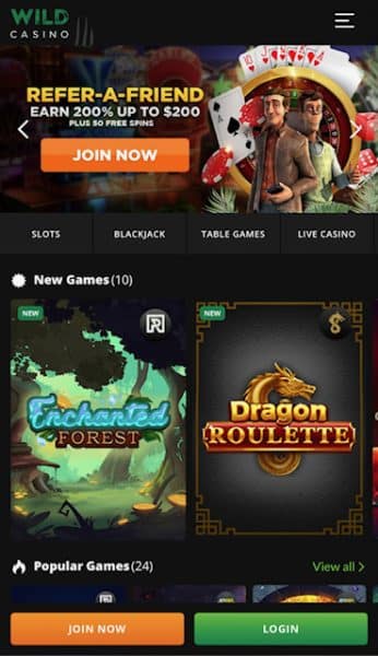 Mobile WPA app - Wild casino homepage 