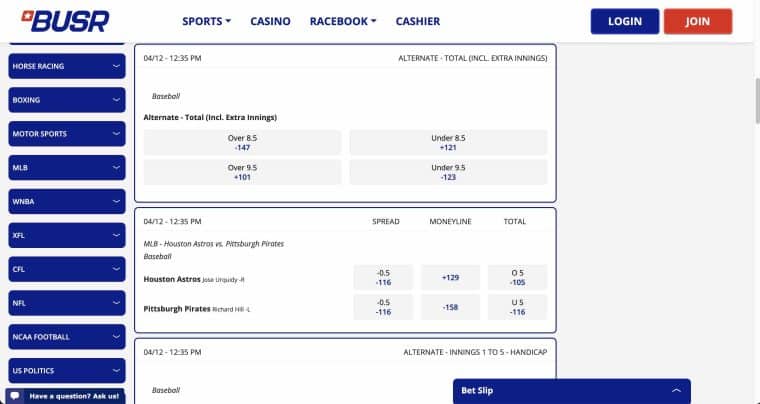 Screenshot showinn the alternate total over/under betting odds for the match between Houston Astros and the Pittsburgh Pirates