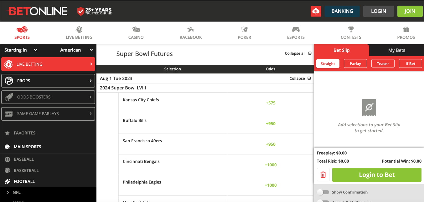Super Bowl betting futures