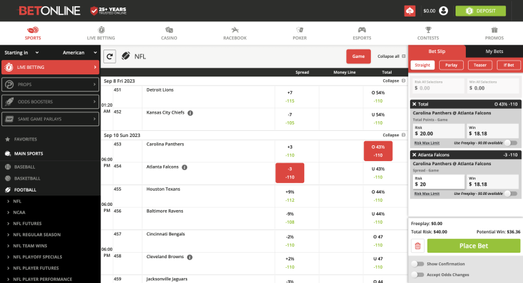 BetOnline Select NFL bets