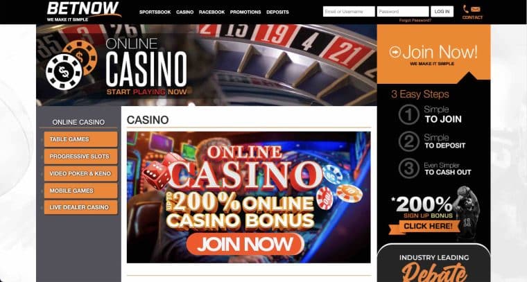 A screenshot of the BetNow casino homepage