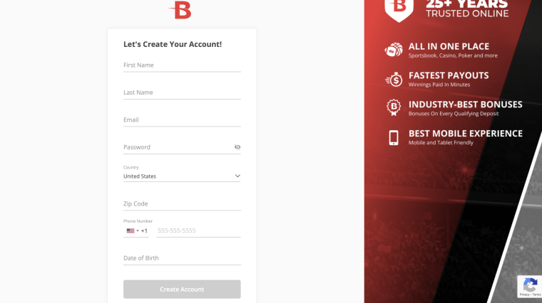 BetOnline registration form