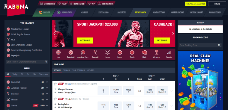 A screenshot of the Rabona sportsbook homepage
