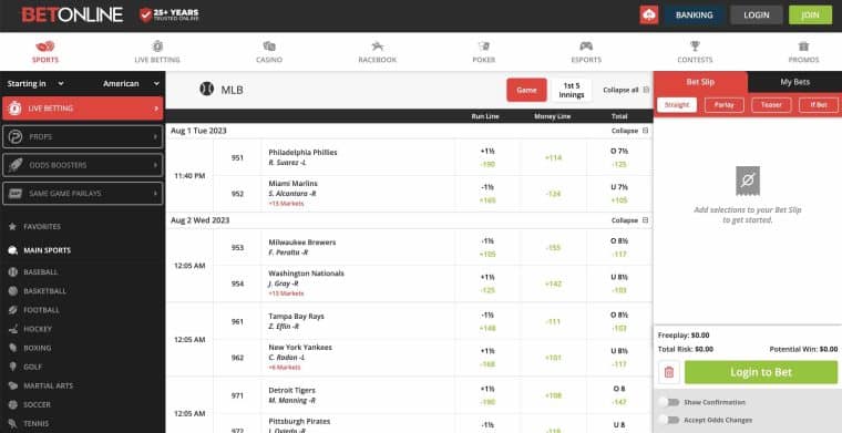 A screenshot of the BetOnline Canada sportsbook homepage