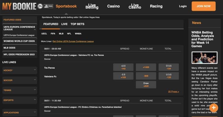 A screenshot of the MyBookie Canada sportsbook homepage