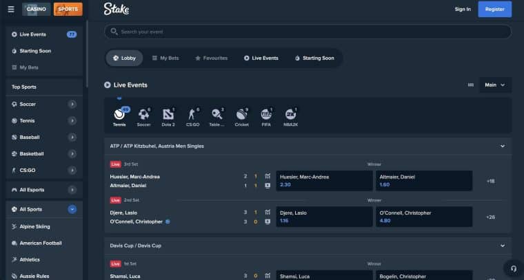 A screenshot of the Stake.com Canada sportsbook homepage