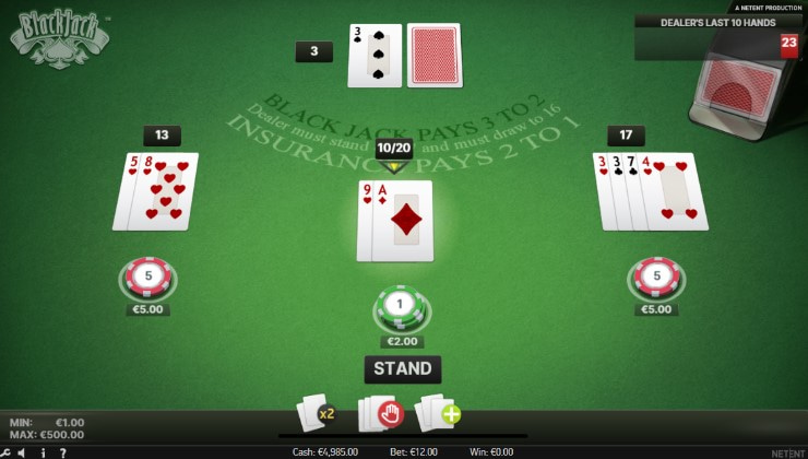 Deciding what to do with the central hand, which is a soft blackjack hand