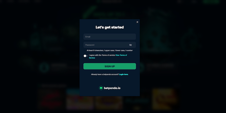 Sign up page at BetPanda.io