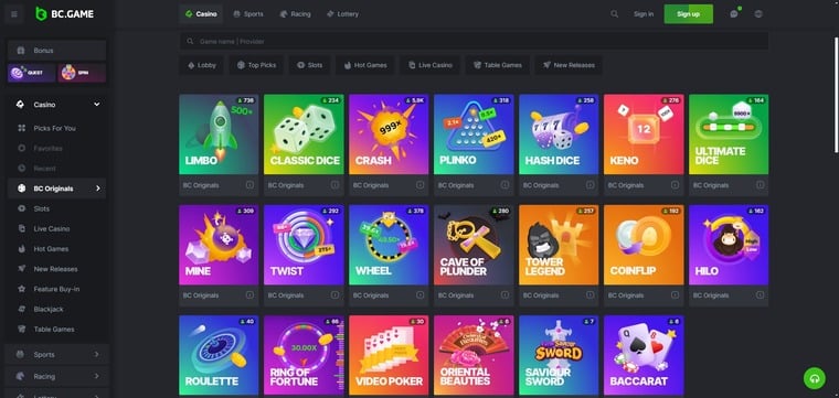 A screenshot showing a selection of BC Original games at BC.Game anonymous casino.