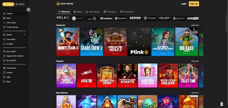A screenshot showing the range of games available at anonymous casino Lucky Block.