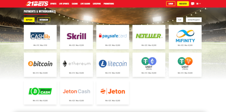 21bets casino payments