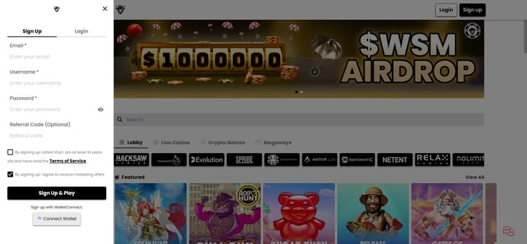 A screenshot showing the registration process for anonymous casino WSM Casino