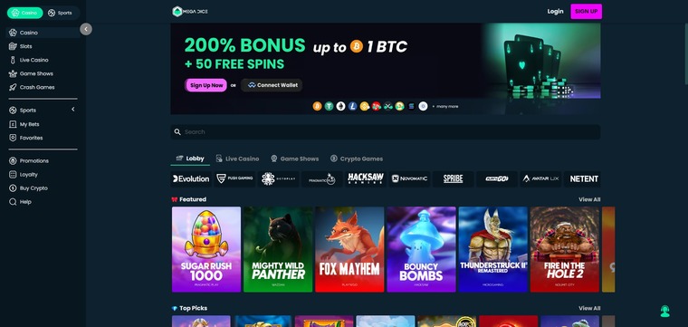 A screenshot of the Mega Dice homepage