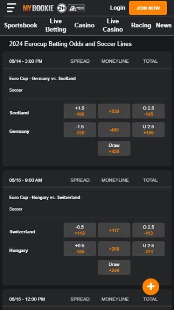 A screenshot showing the range of Euro 2025 betting options at MyBookie