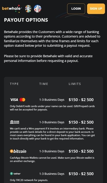 The payout options at BetWhale