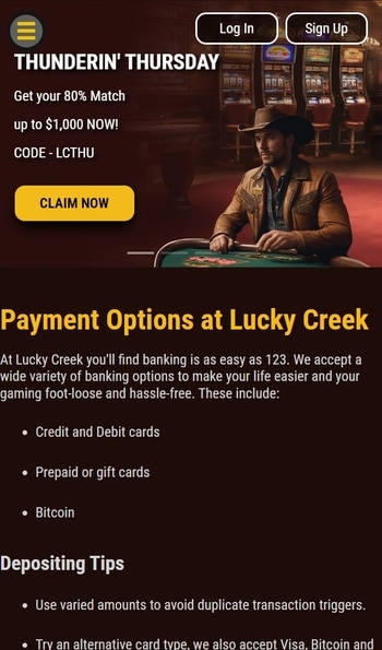 The Lucky Creek payment options page